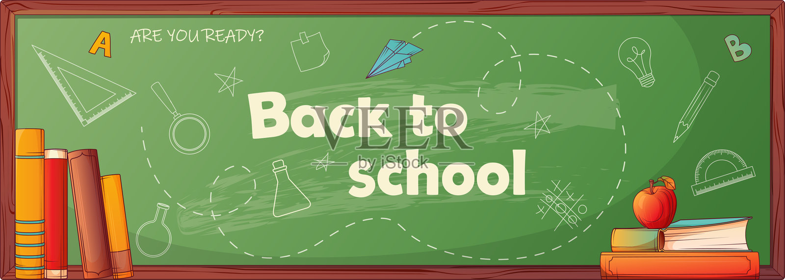 返回学校的横幅模板设计。黑板、书本、苹果和图画的矢量插画构成学校的景象。插画图片素材