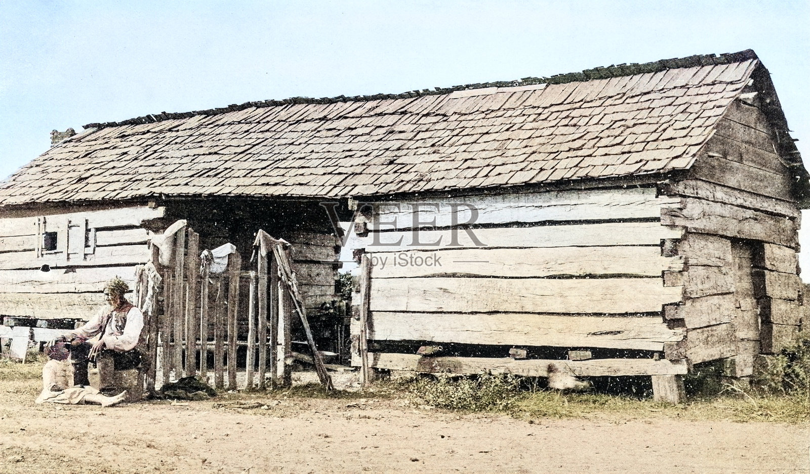 老照片：美国南部，原木小屋插画图片素材