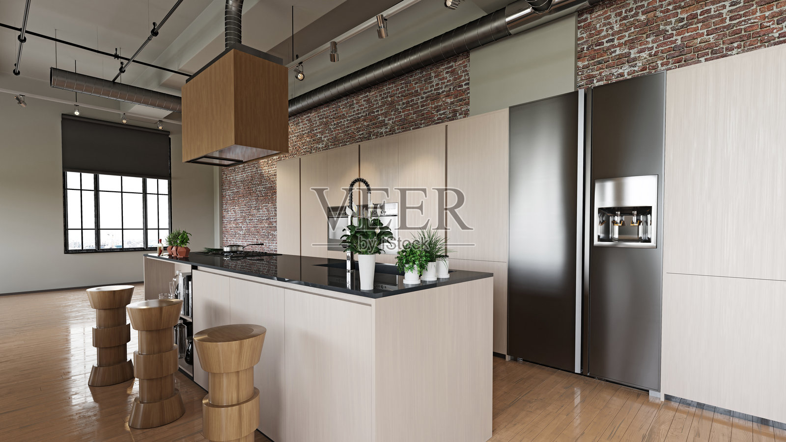 现代工业风阁楼厨房，配有大型岛台和木制橱柜。现代家居室内设计和建筑可视化。三维渲染。照片摄影图片