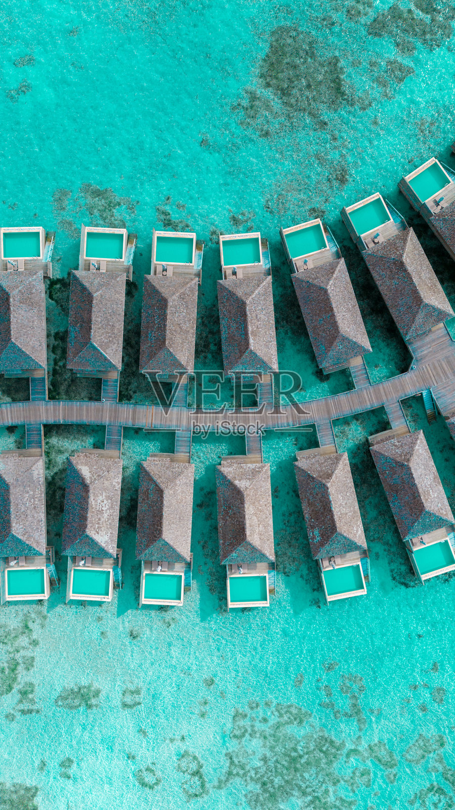 无人机视角下的马尔代夫热带度假村，拥有棕榈树成荫的海滩。照片摄影图片