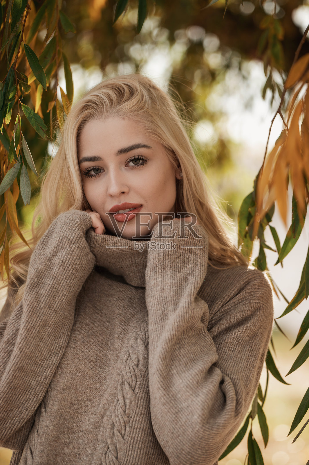 一位女士在阳光明媚的秋日，戴着时尚的帽子，穿着外套在户外散步。照片摄影图片