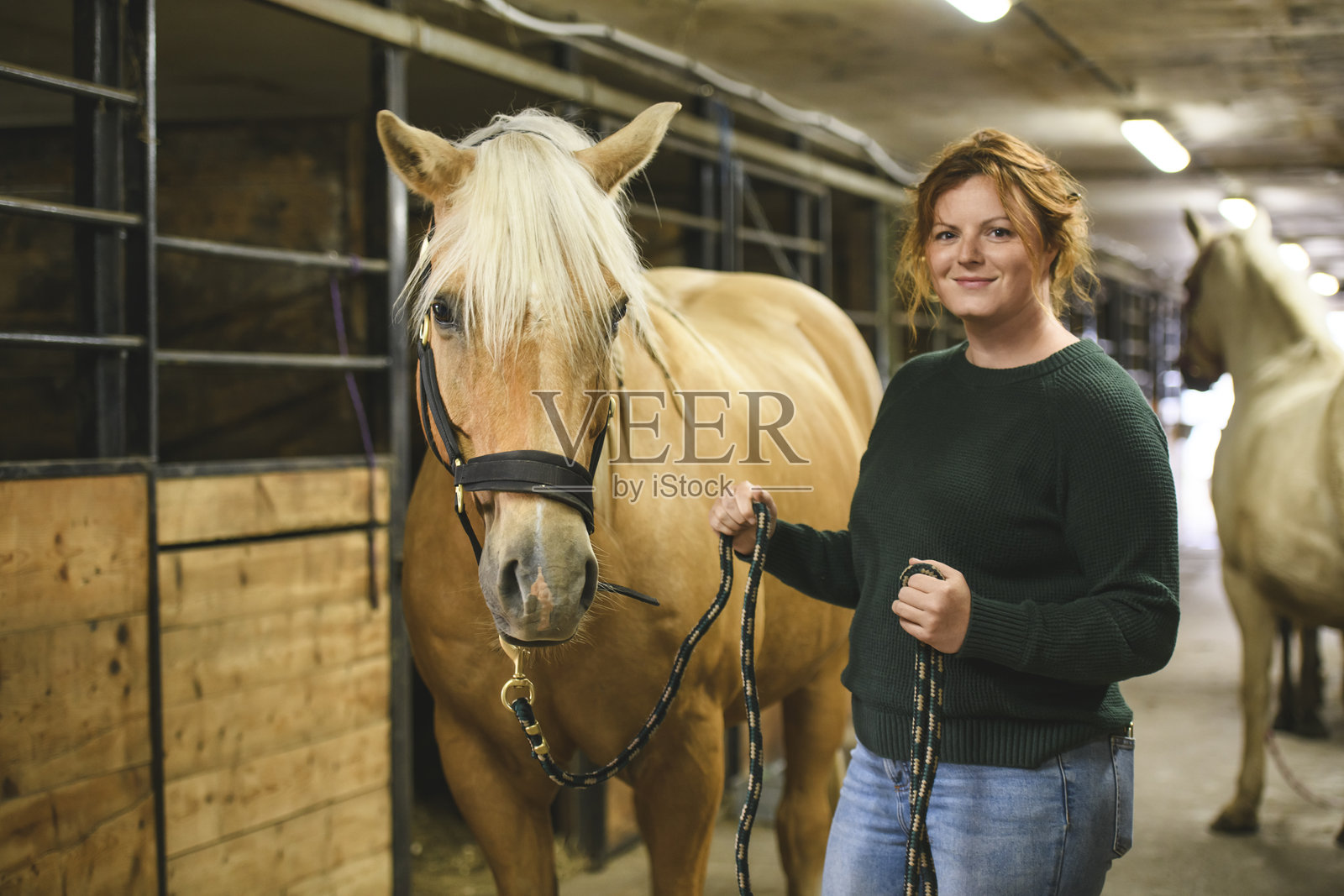 一位女士平静地站在马厩里的马旁边照片摄影图片