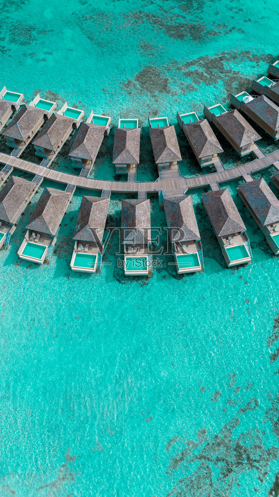 棕榈树成行的热带马尔代夫度假村海滩的无人机视角。照片摄影图片