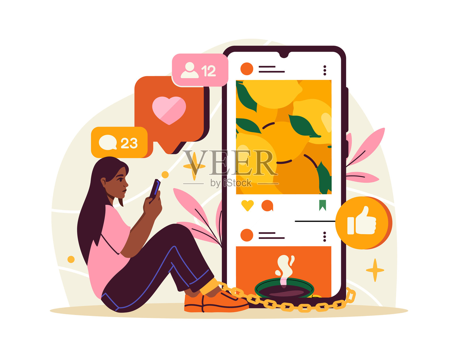 被手机屏幕绑住的女孩，手机成瘾。矢量图插画图片素材