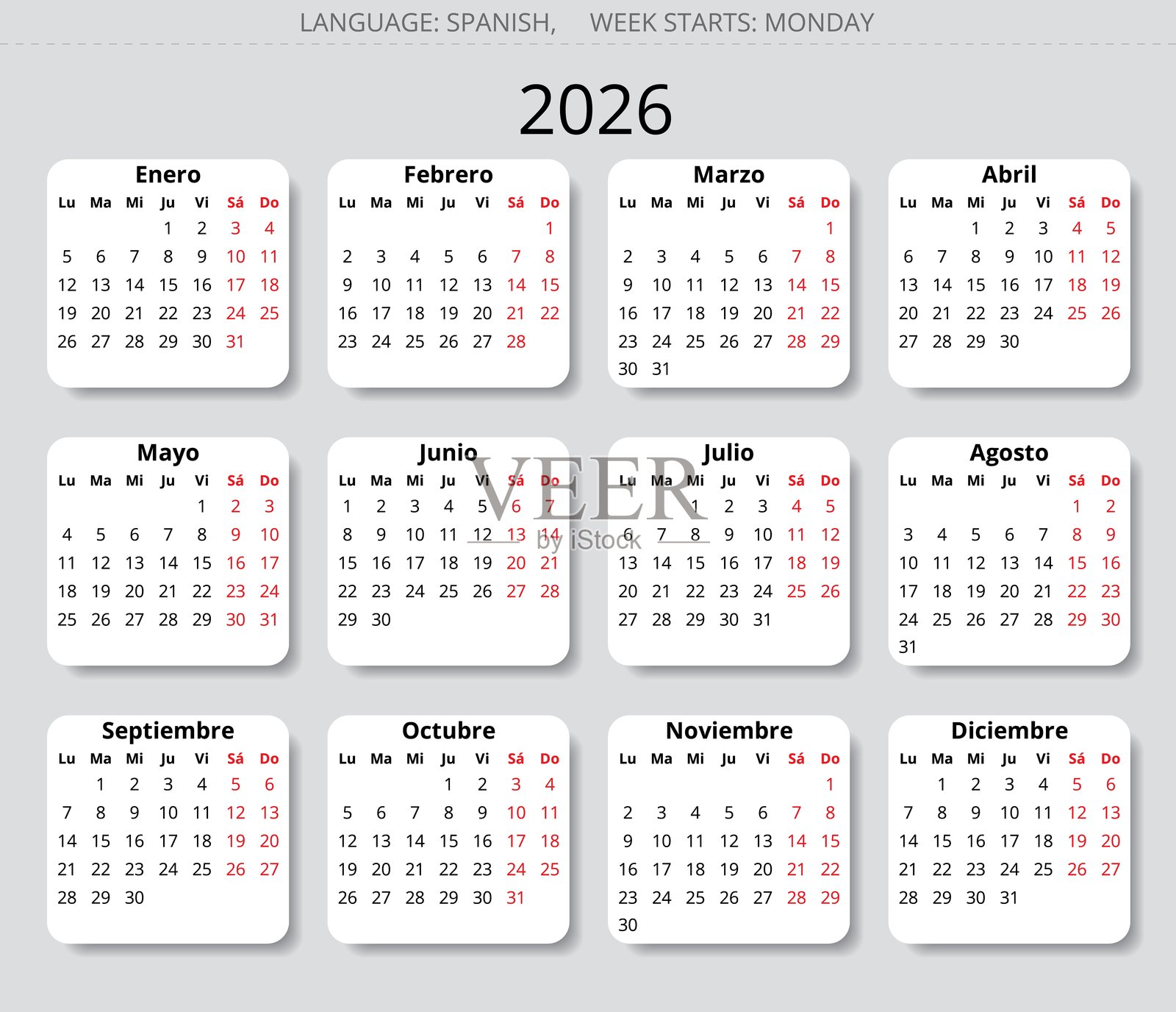 2026年西班牙日历。西班牙现代矢量插画 - 年份日历插画图片素材