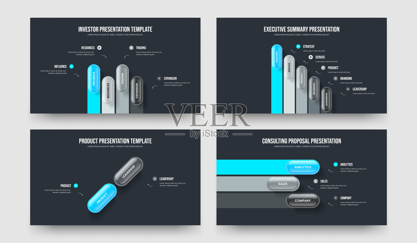 企业战略四五二三步骤图幻灯片模板合集。广告绩效四五二三元素信息图幻灯片设计矢量插画集。插画图片素材