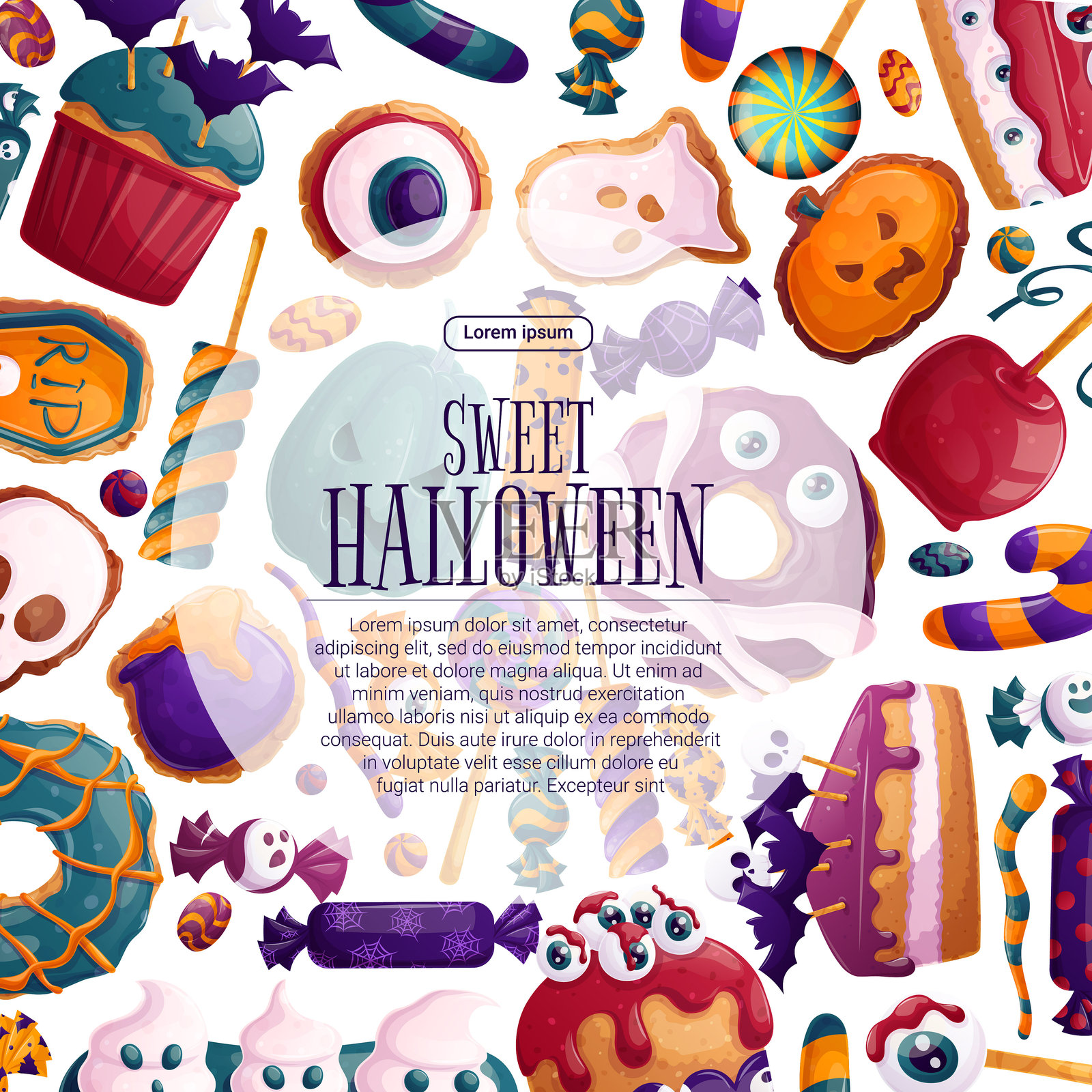 万圣节主题彩色背景，方形画框内含糖果、南瓜和糕点，适用于派对海报、传单、明信片及邀请函。插画图片素材