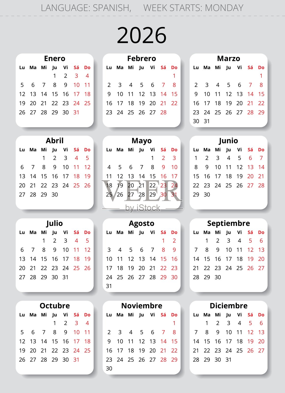 2026年西班牙日历。西班牙矢量现代插画 - calendario插画图片素材