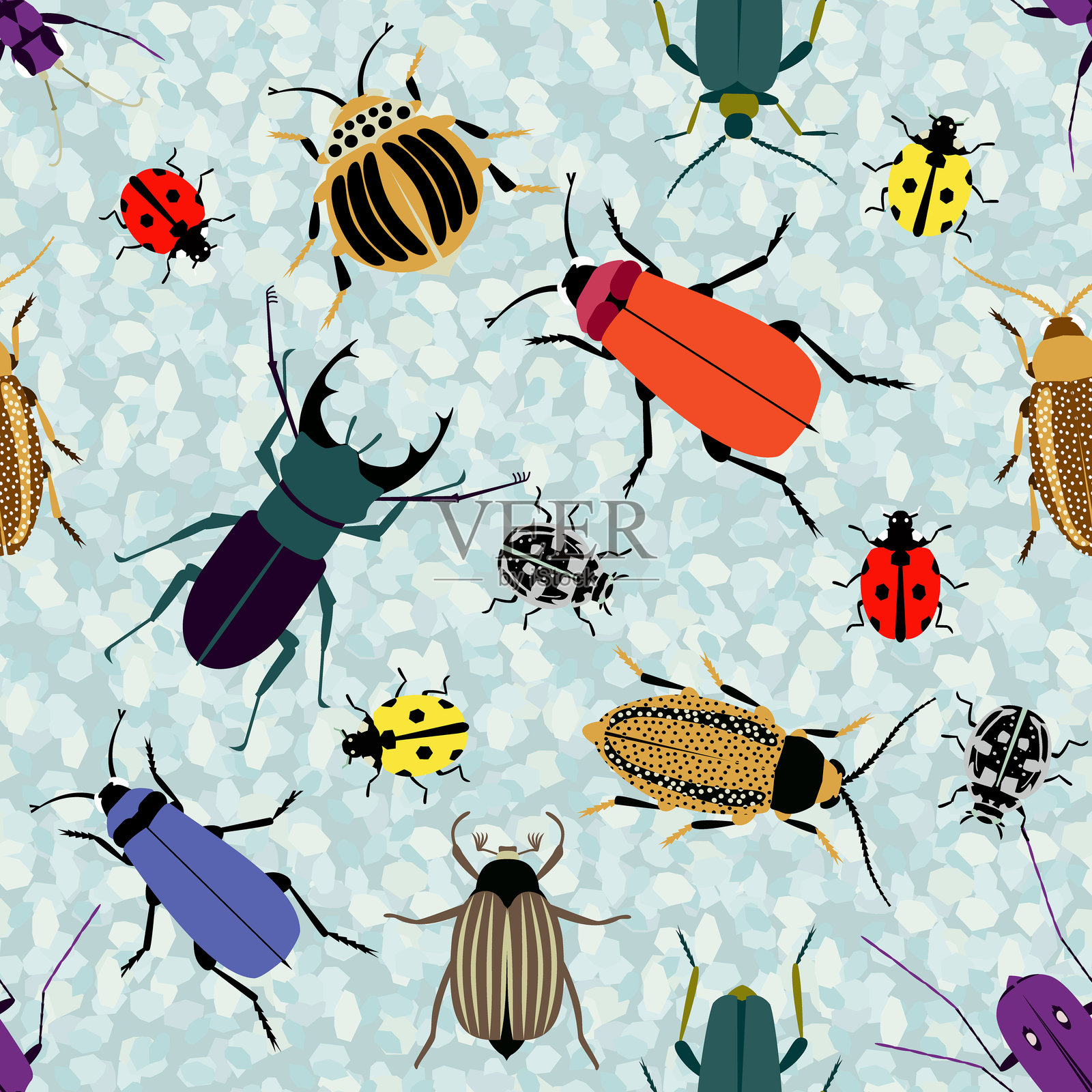 矢量图 - 抽象背景上的虫子无缝图案。插画图片素材