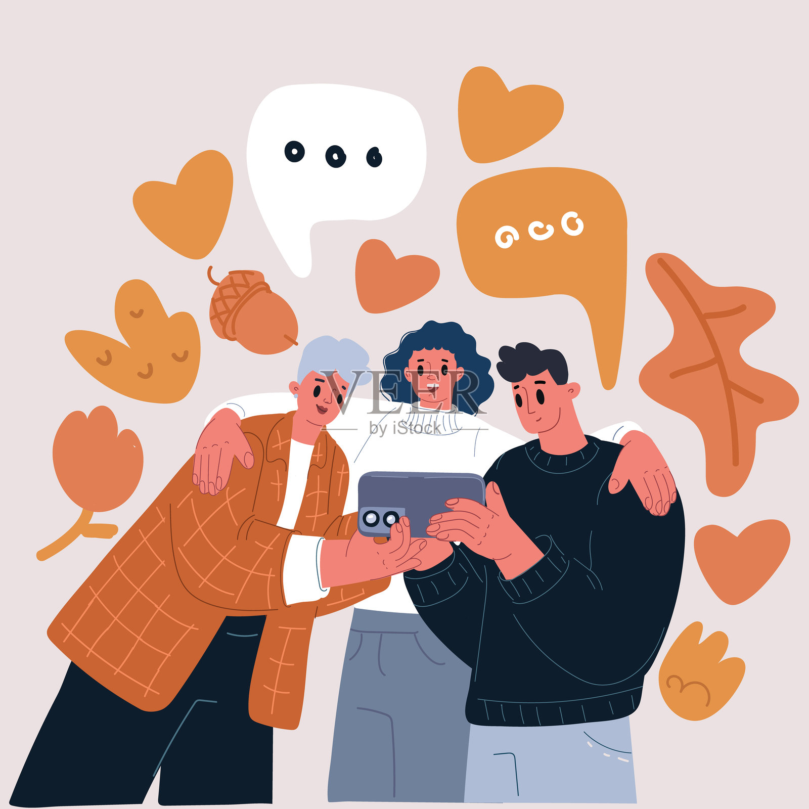 一群朋友用智能手机自拍的矢量图，象征友谊和共享的时刻插画图片素材