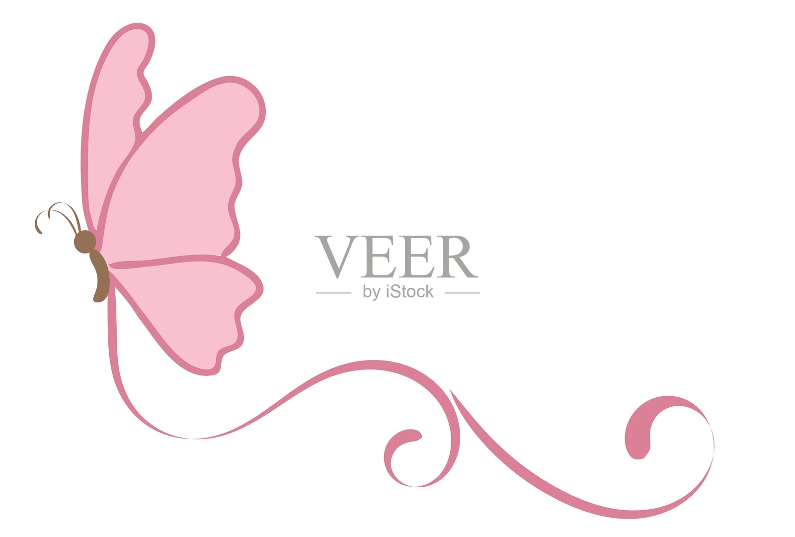 粉色蝴蝶侧视图剪贴画，带有装饰性漩涡线条插图插画图片素材