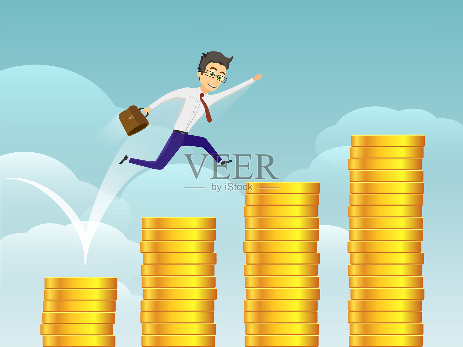 一位商务人士正在跳跃在不断增长的硬币堆上插画图片素材