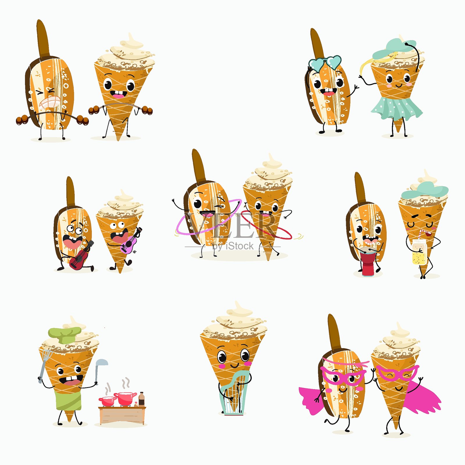 美味的冰淇淋、冰淇淋甜筒和冰棒，有趣的卡通形象，手绘矢量插画。插画图片素材