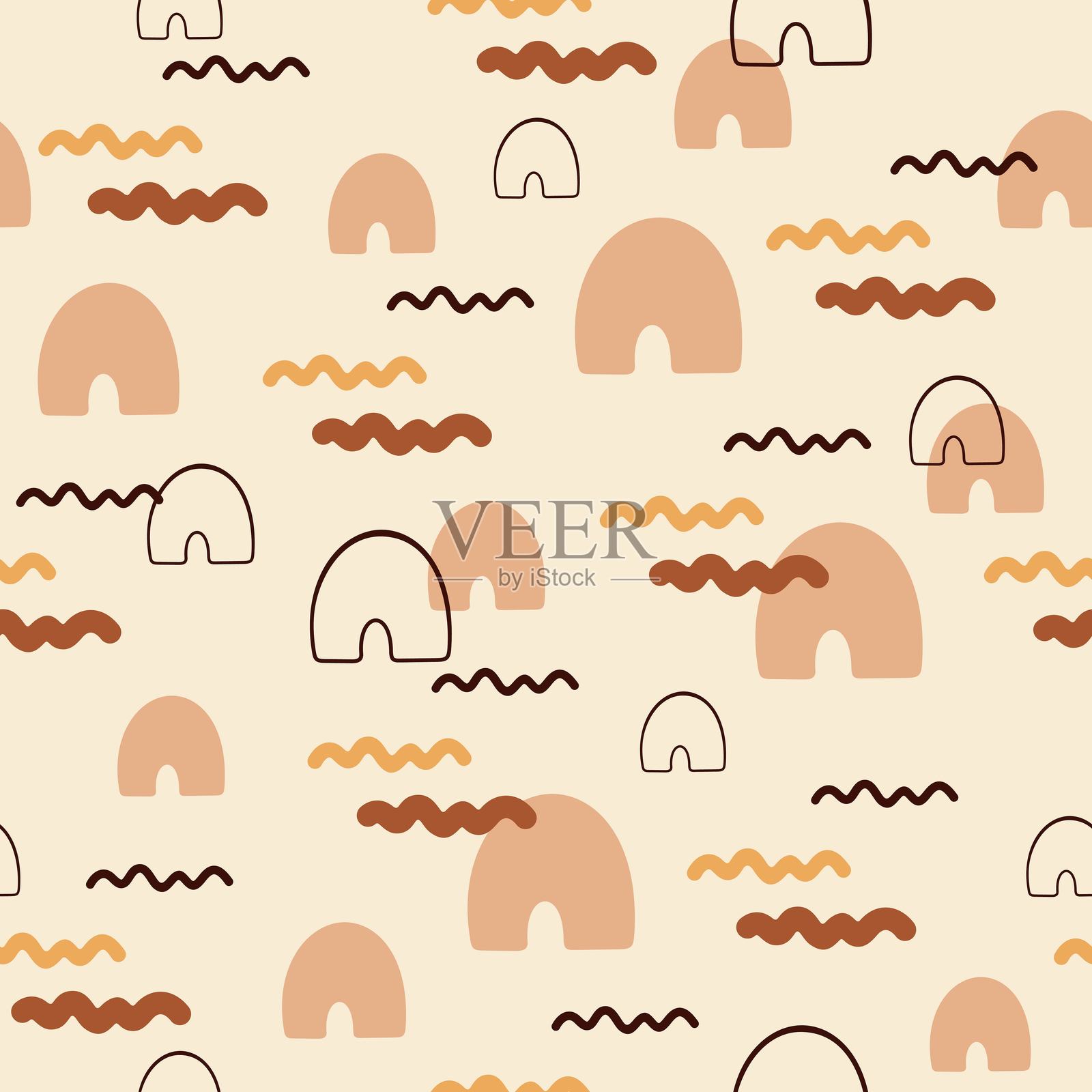 抽象图形、彩虹和线条的简约无缝图案。柔和的当代背景。矢量插画插画图片素材