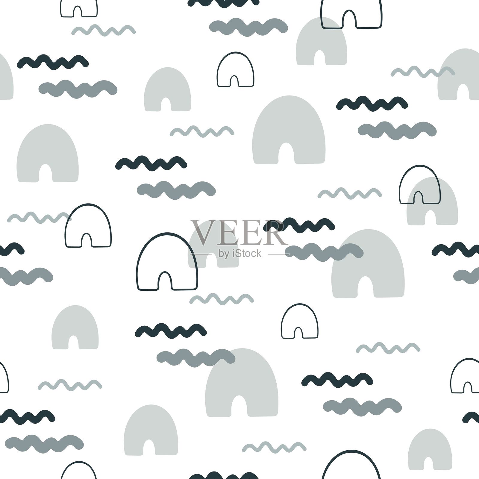 抽象图形、彩虹和线条的简约无缝图案。柔和的当代背景。矢量插图。插画图片素材