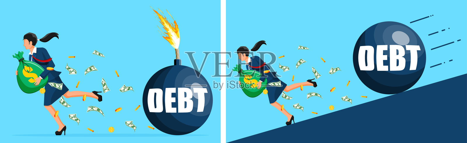 一个女人正逃离一枚债务炸弹插画图片素材