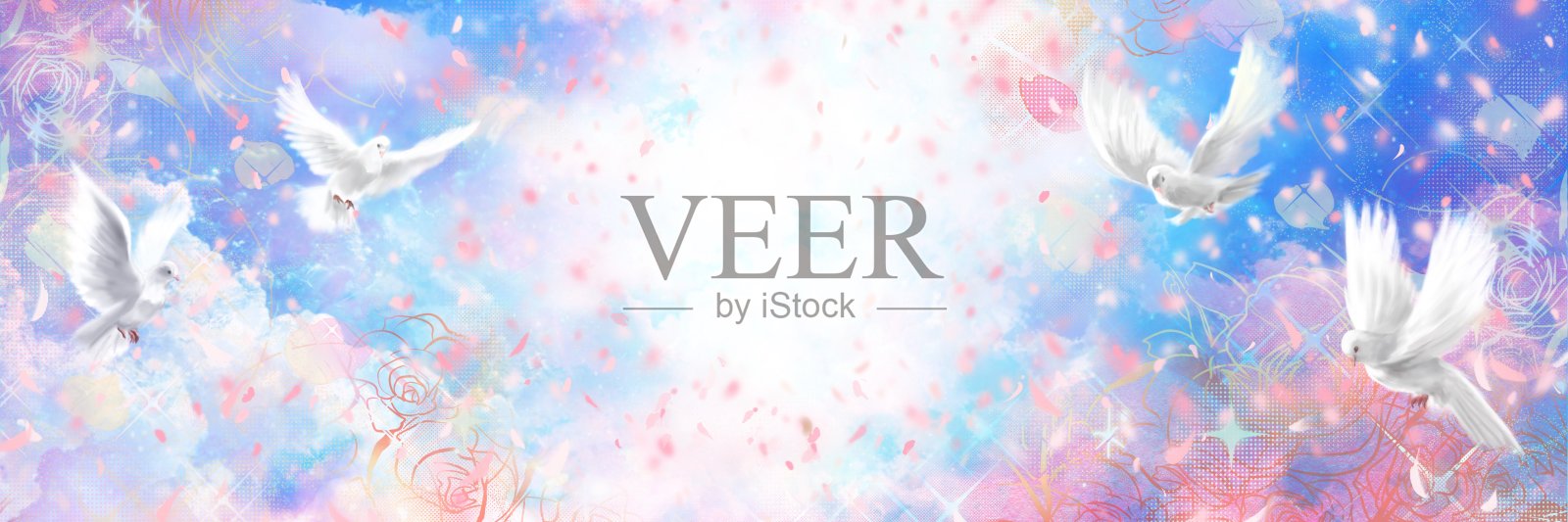 洁白飞翔的鸽子围绕着闪耀的天堂，背景是美丽蓝天上的云彩。插画图片素材