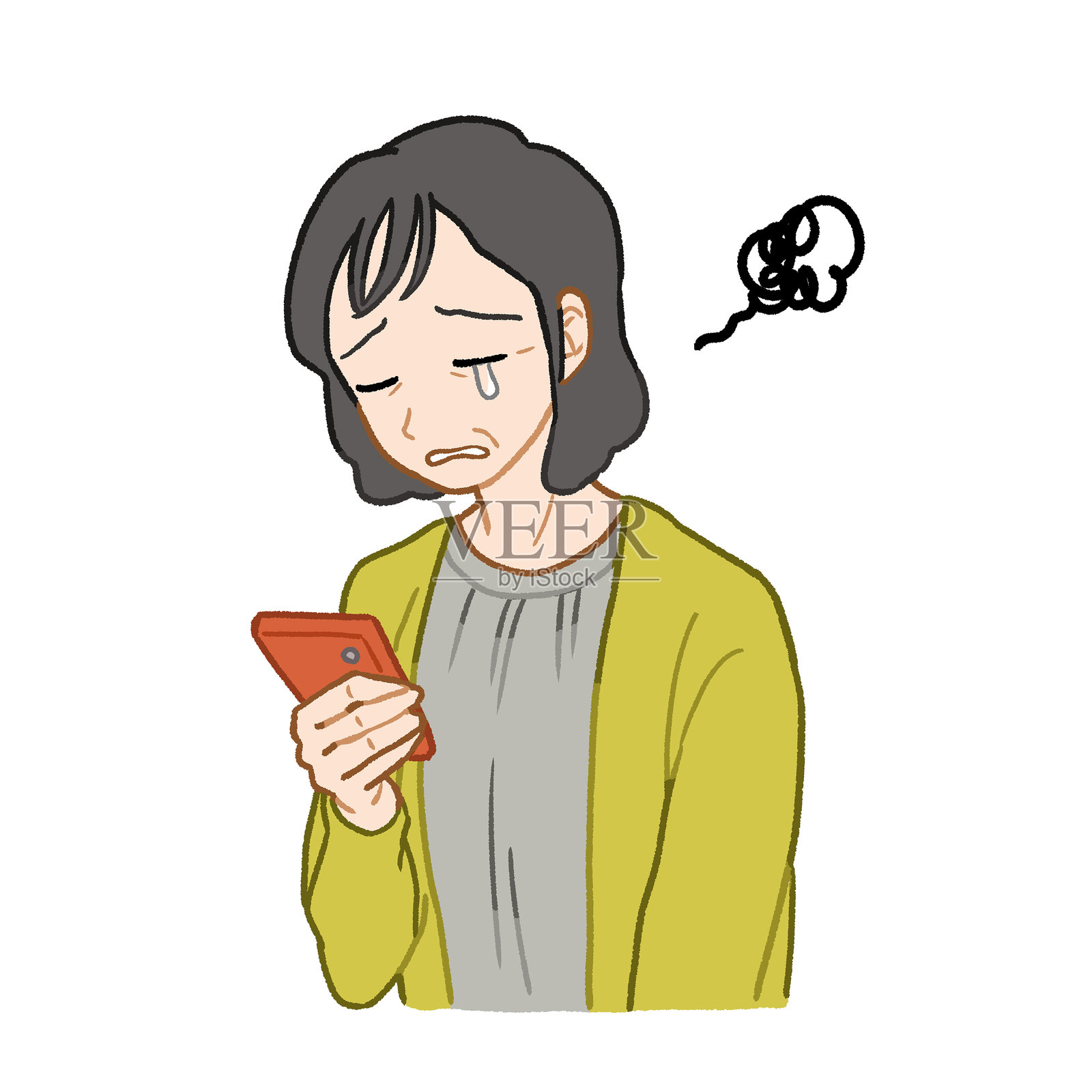 一位老妇人看着她的智能手机，感到悲伤插画图片素材