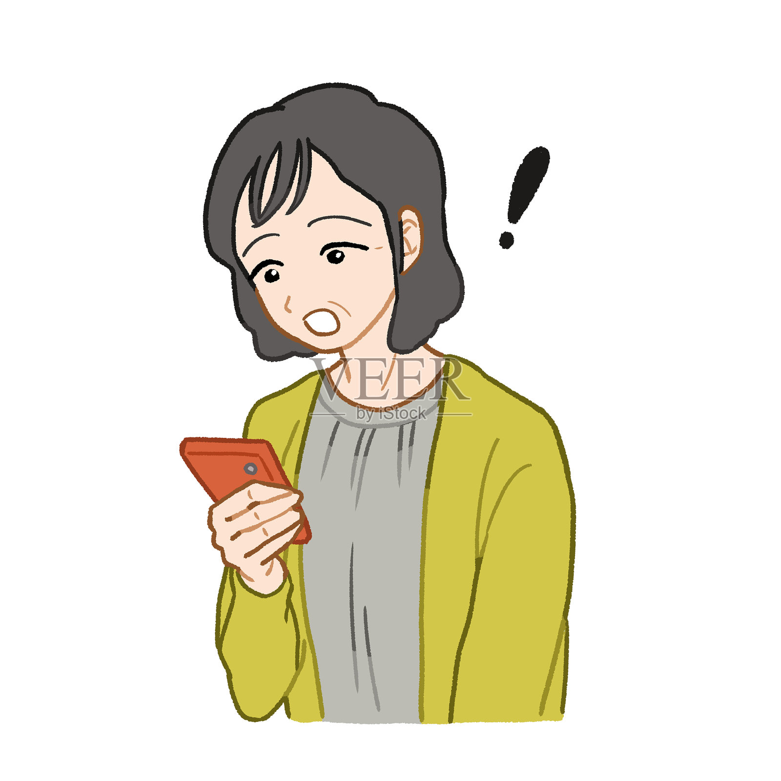 一位年长的女性惊讶地盯着她的智能手机插画图片素材