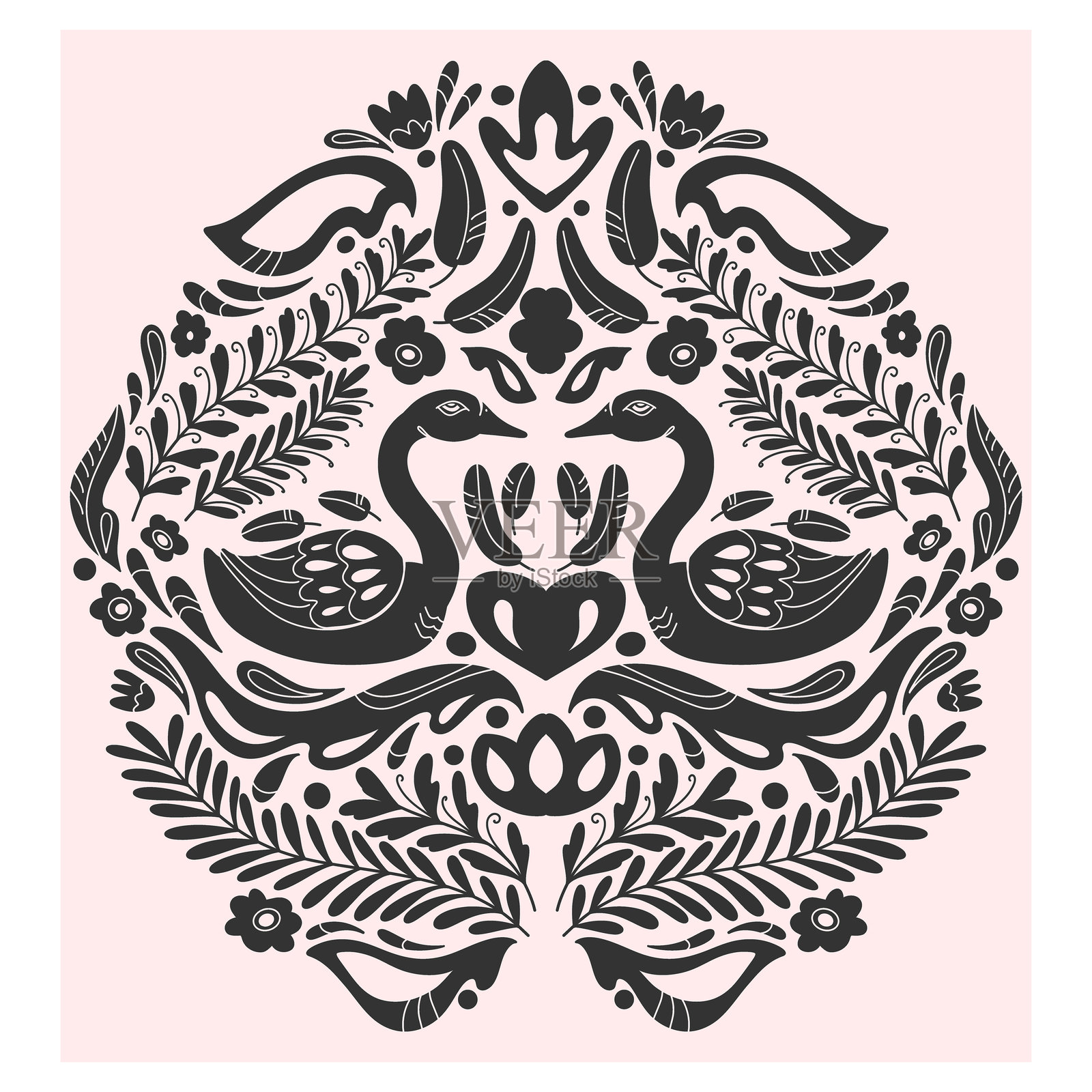 天鹅。民间风格图案，对称，精细的矢量元素。质朴的斯堪的纳维亚风格，民间绘画。插画图片素材