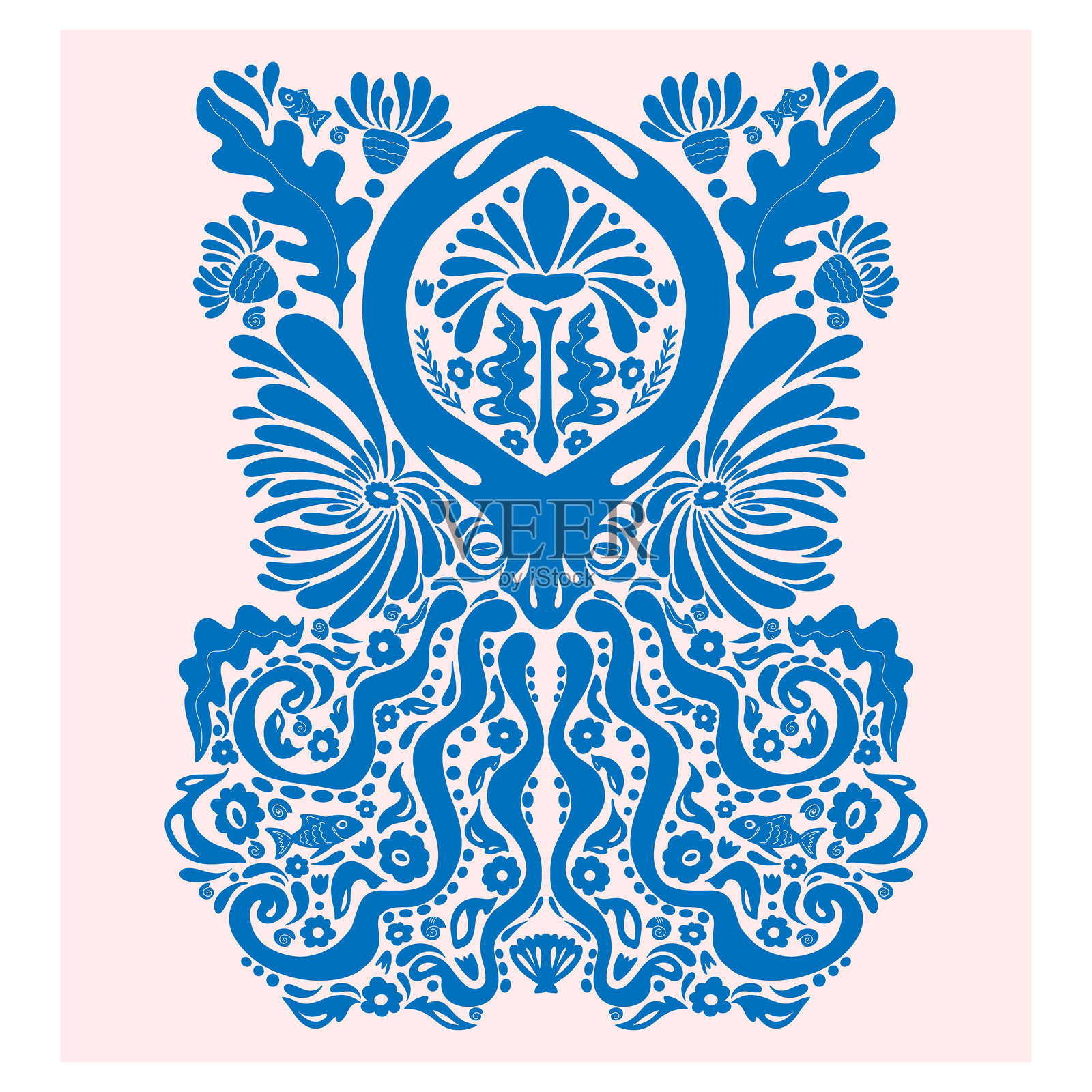 章鱼。民间风格图案，对称，细节丰富的矢量元素。质朴的斯堪的纳维亚风格，民间绘画。插画图片素材