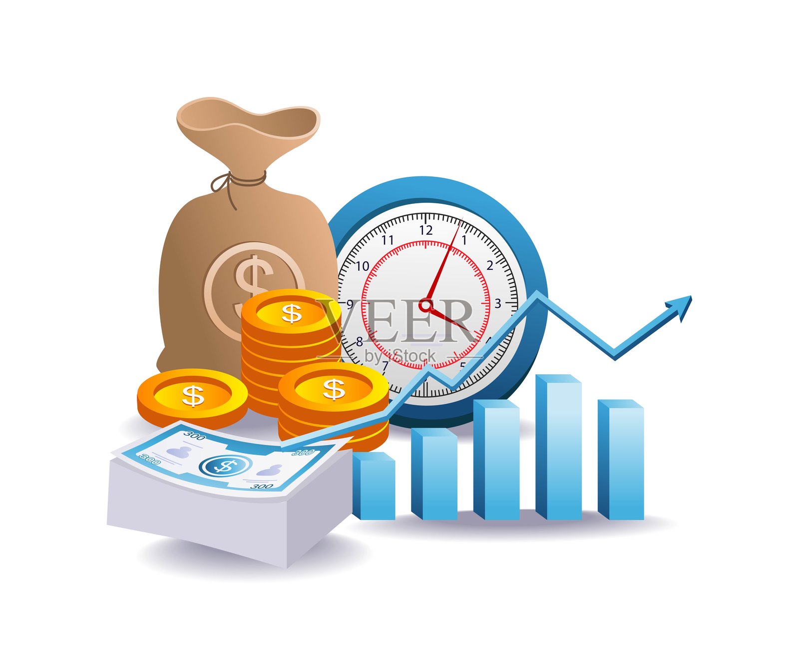 时钟和金钱象征着“时间就是金钱”的概念插画图片素材