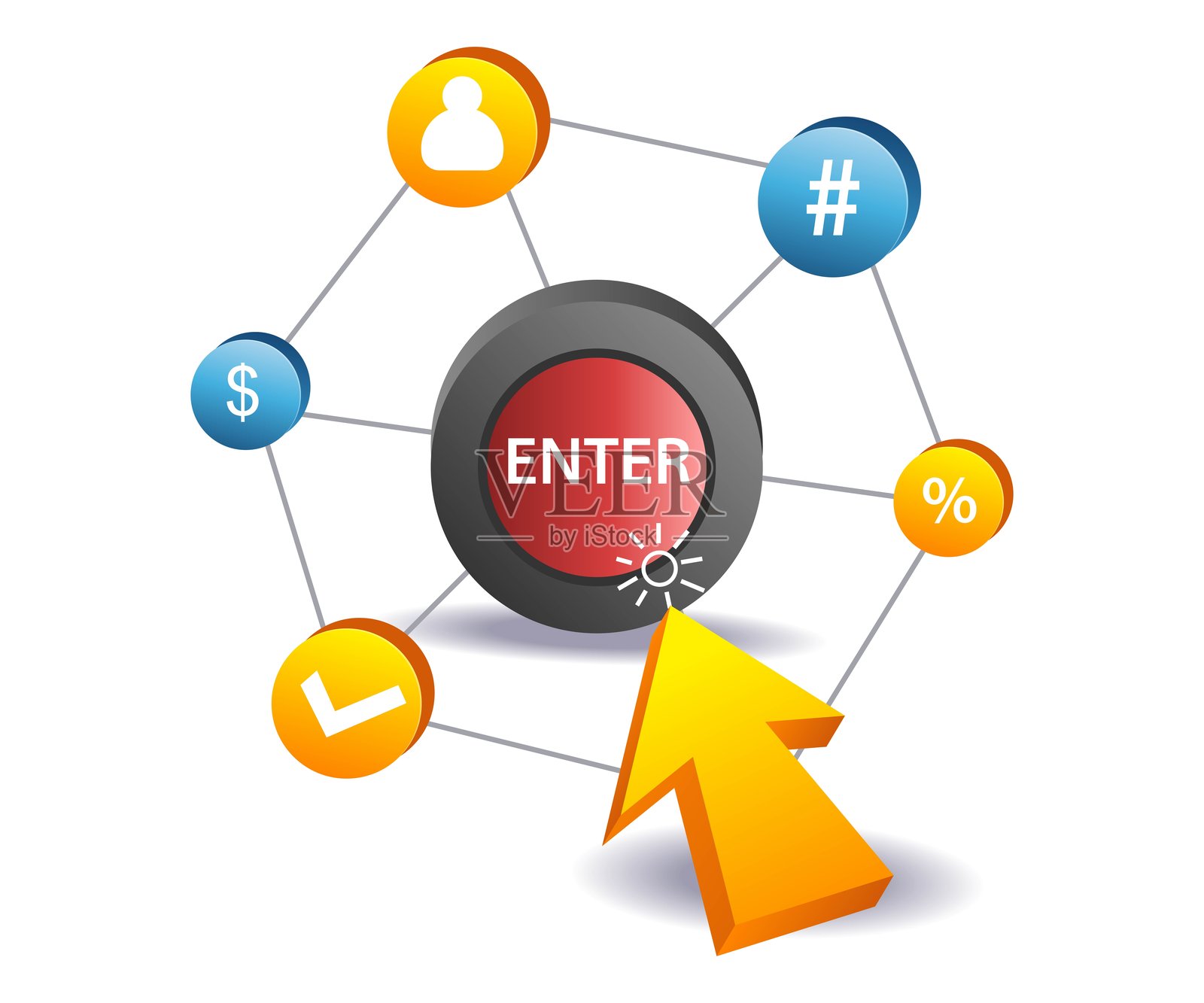 带有漂浮的商业符号的插图，点击回车按钮插画图片素材