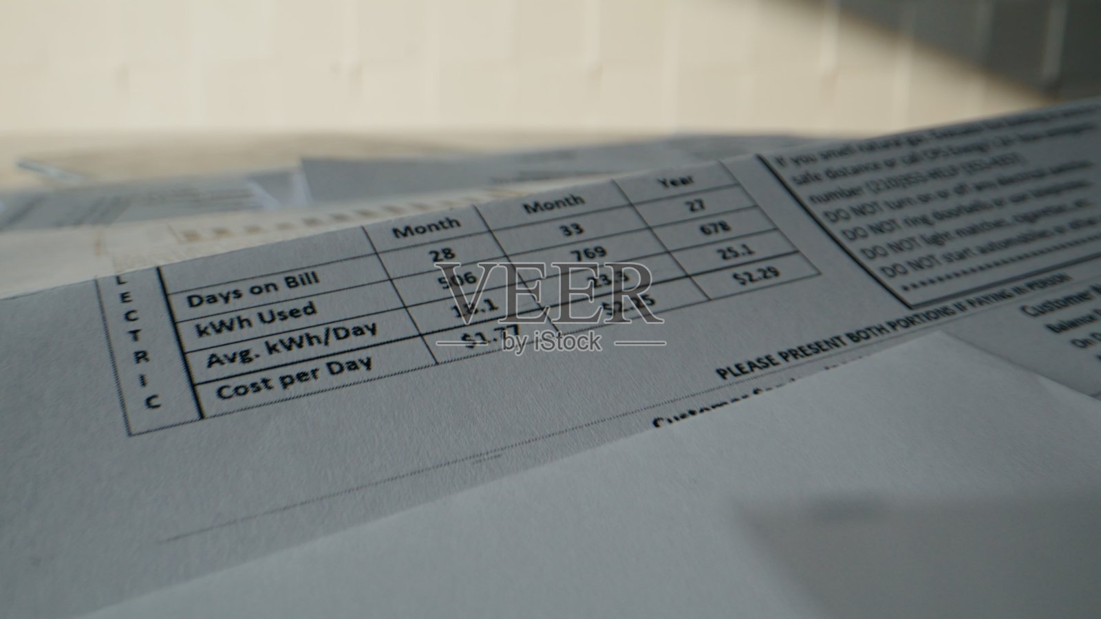 特写视图的电费单，突出显示了用电量成本和账单周期照片摄影图片