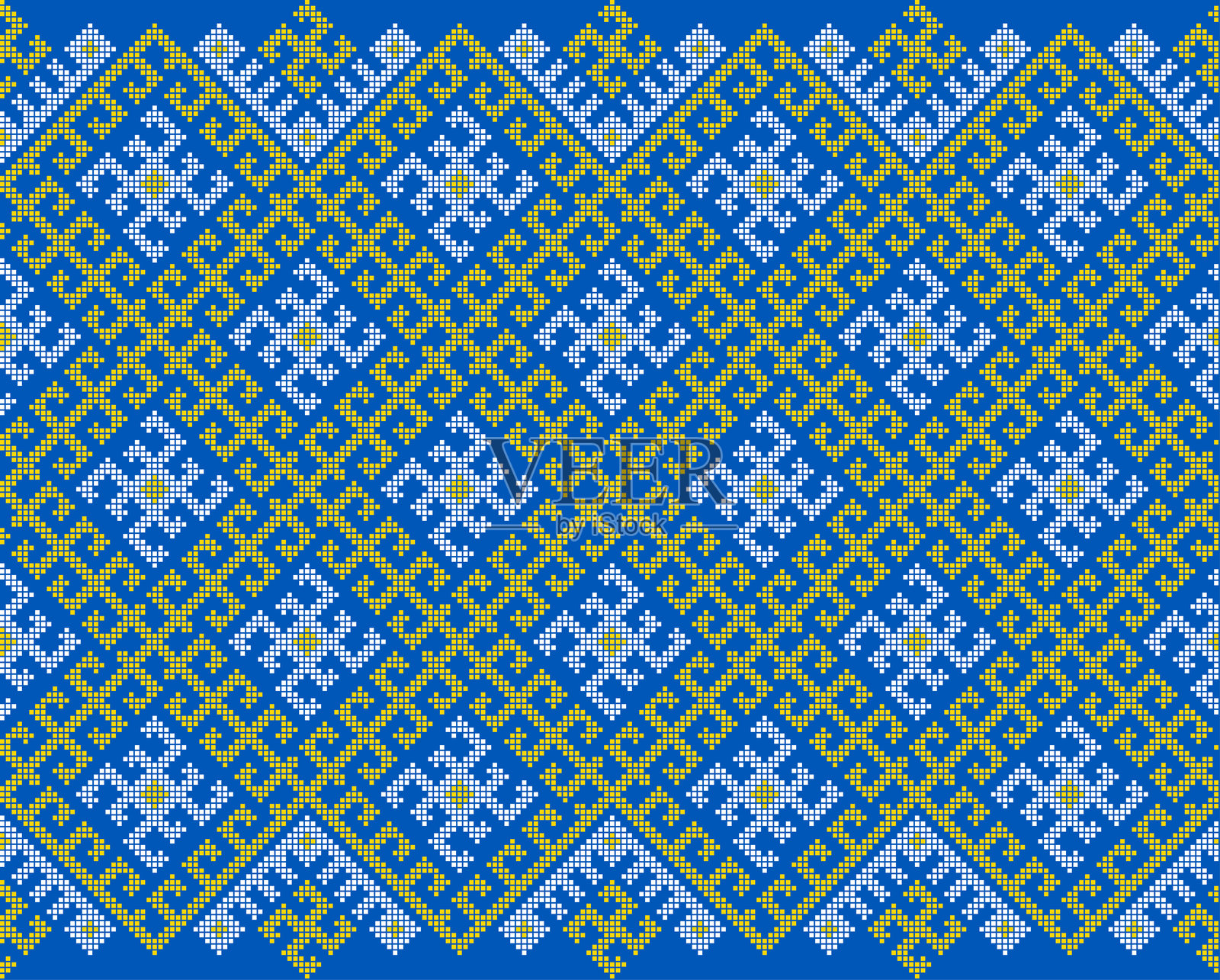 无缝乌克兰刺绣图案矢量图，带有黄色和蓝色几何漩涡及太阳符号的传统民族图案插画图片素材