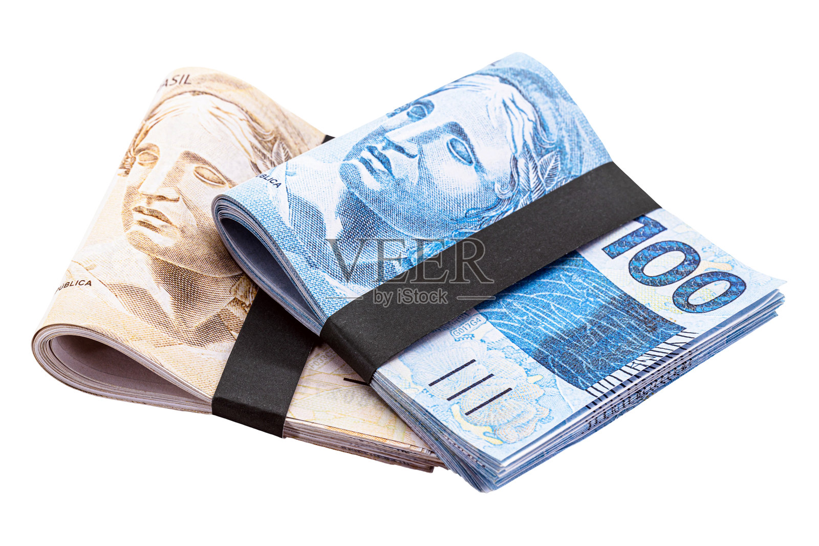 100雷亚尔和50雷亚尔的纸币，一包钱，50和100巴西雷亚尔，孤立的白色背景照片摄影图片