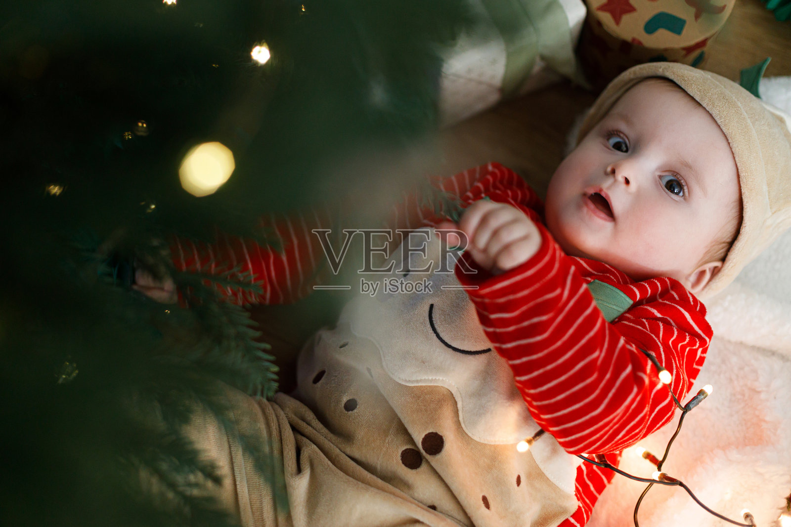 可爱的宝宝穿着圣诞服装，抱着一串串彩灯，躺在装饰时尚的圣诞树和礼物下。圣诞快乐，节日快乐！宝宝的第一个圣诞节！照片摄影图片