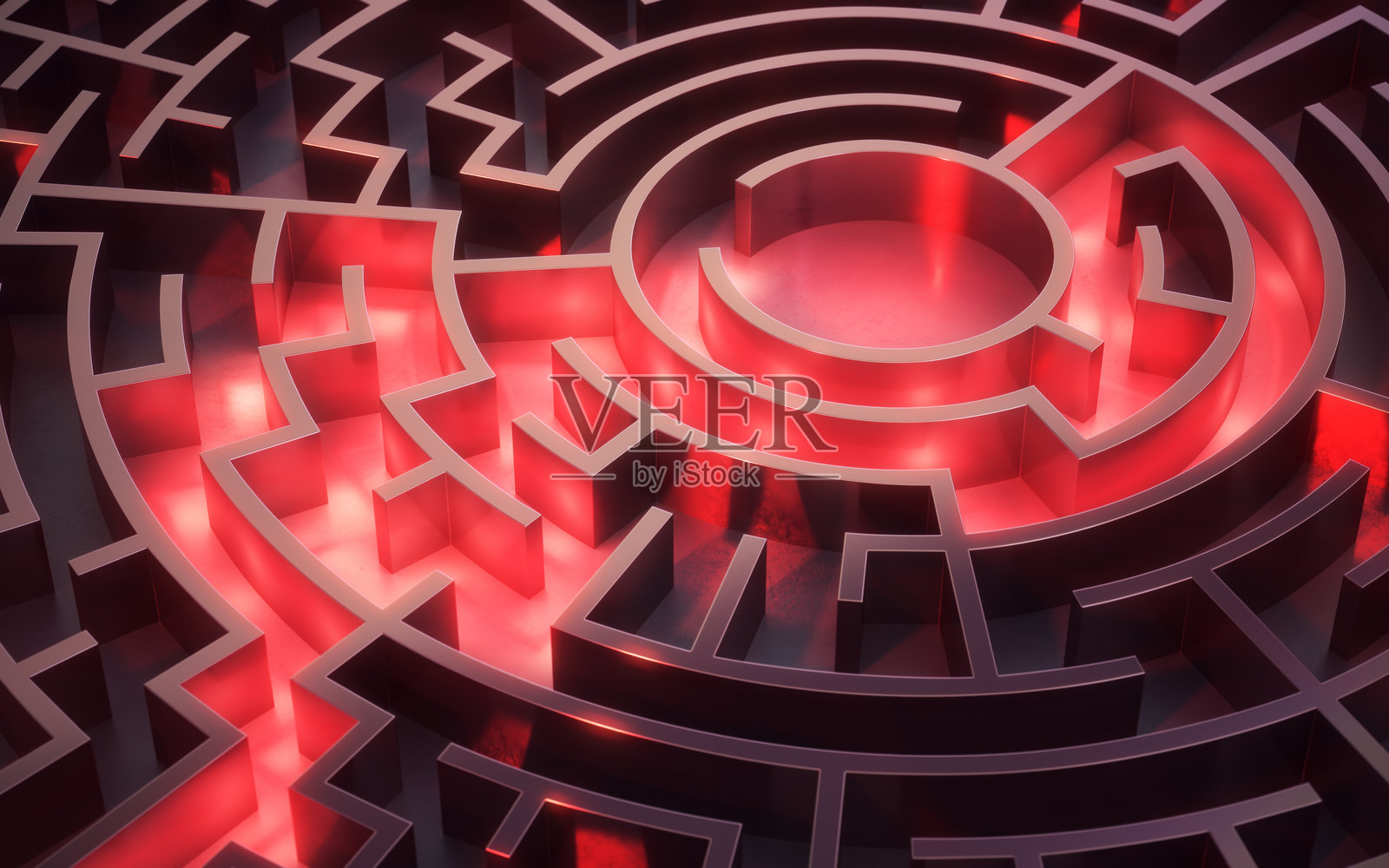 黑暗圆形混凝土迷宫中的红色出口指示灯照片摄影图片