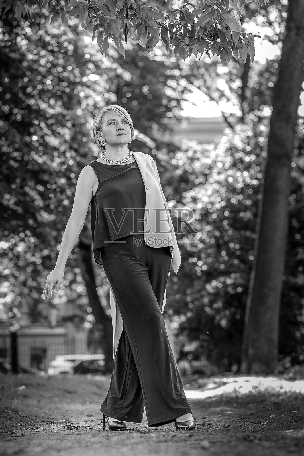 一位穿着优雅套装的快乐中年女高管在公园里摆姿势。照片摄影图片