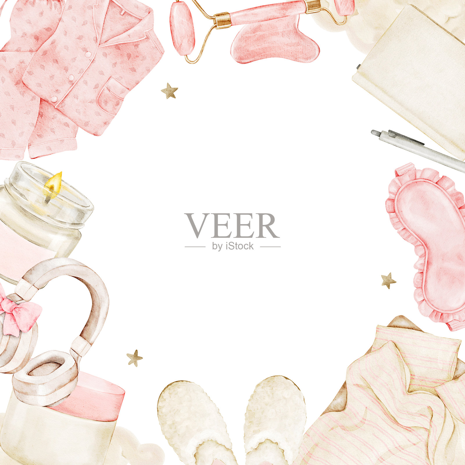 睡前例程画框，包含睡衣、拖鞋、眼罩、耳机、日记本、蜡烛、刮痧板、滚轮和面霜。水彩画框。用于自我护理设计、规划本、博客和文具的模板。插画图片素材