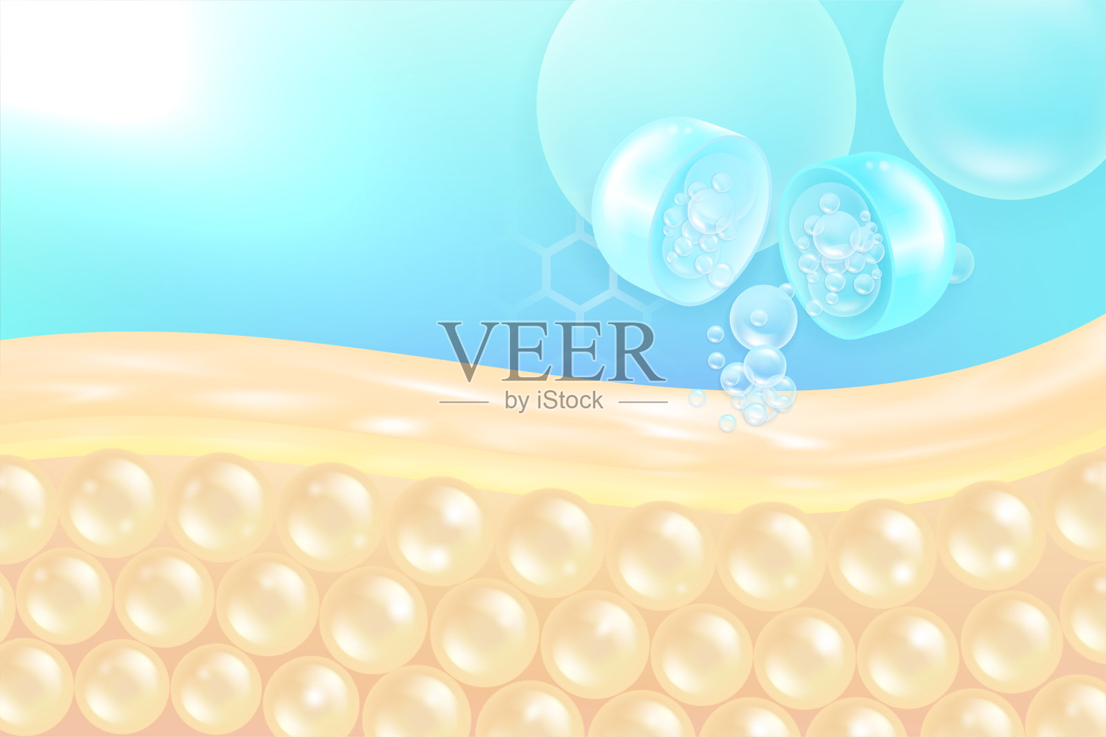 透明质酸和烟酰胺护发护肤精华广告，蓝色胶原蛋白精华液滴入细胞，带有化妆品广告背景，即用型，插画矢量图。插画图片素材