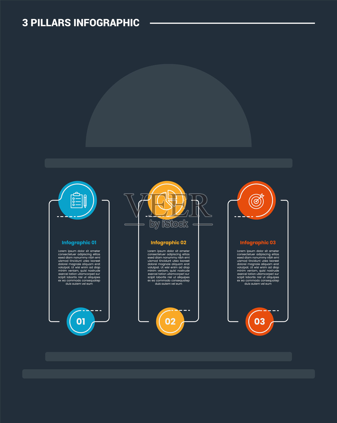 带有深色背景和亮色轮廓风格的 3 根柱子信息图流程图，带有半圆形圆顶的简单方框和圆形徽章，共 3 个要点插画图片素材
