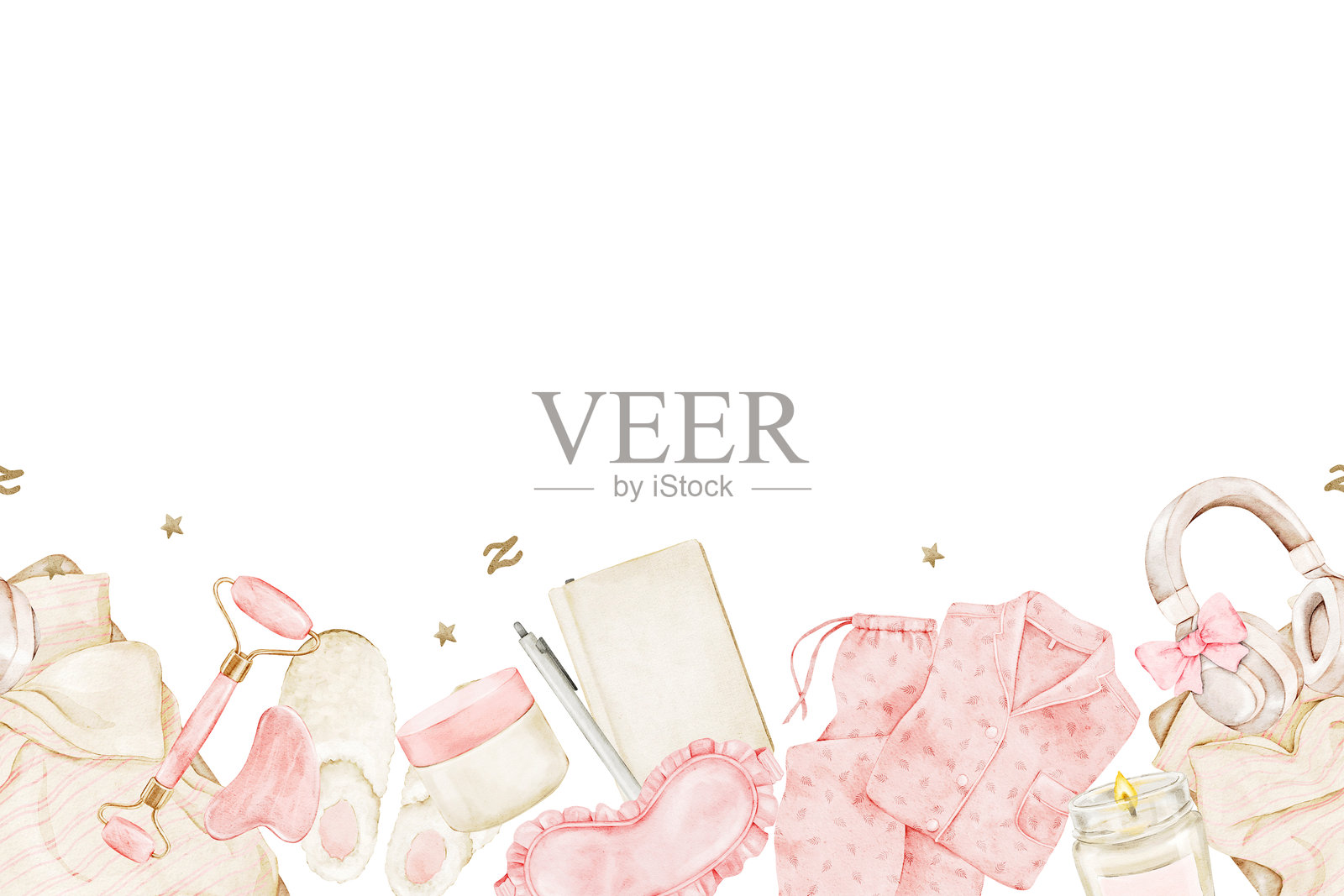 水彩无缝边框，描绘舒适的睡前习惯：睡衣、蜡烛、护肤品、日记本、拖鞋、床、睡眠眼罩和耳机。非常适合用作横幅、博客设计、文具和包装。插画图片素材