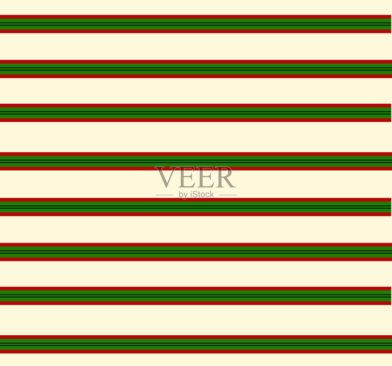 米白色背景上重复的绿色、红色和黑色水平条纹图案。插画图片素材