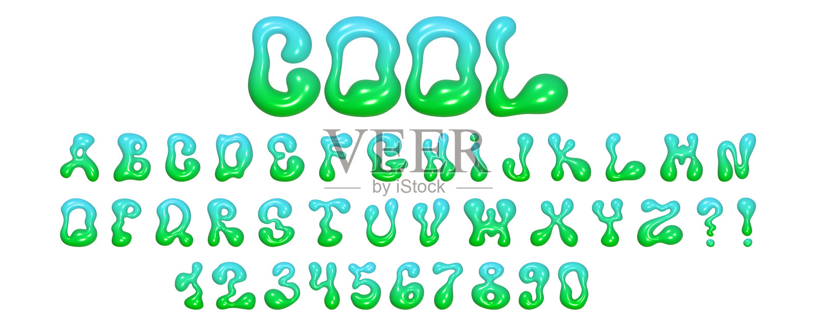 独特的三维波浪字体设计，采用液体字母和数字，具有光泽纹理，非常适合现代创意项目插画图片素材