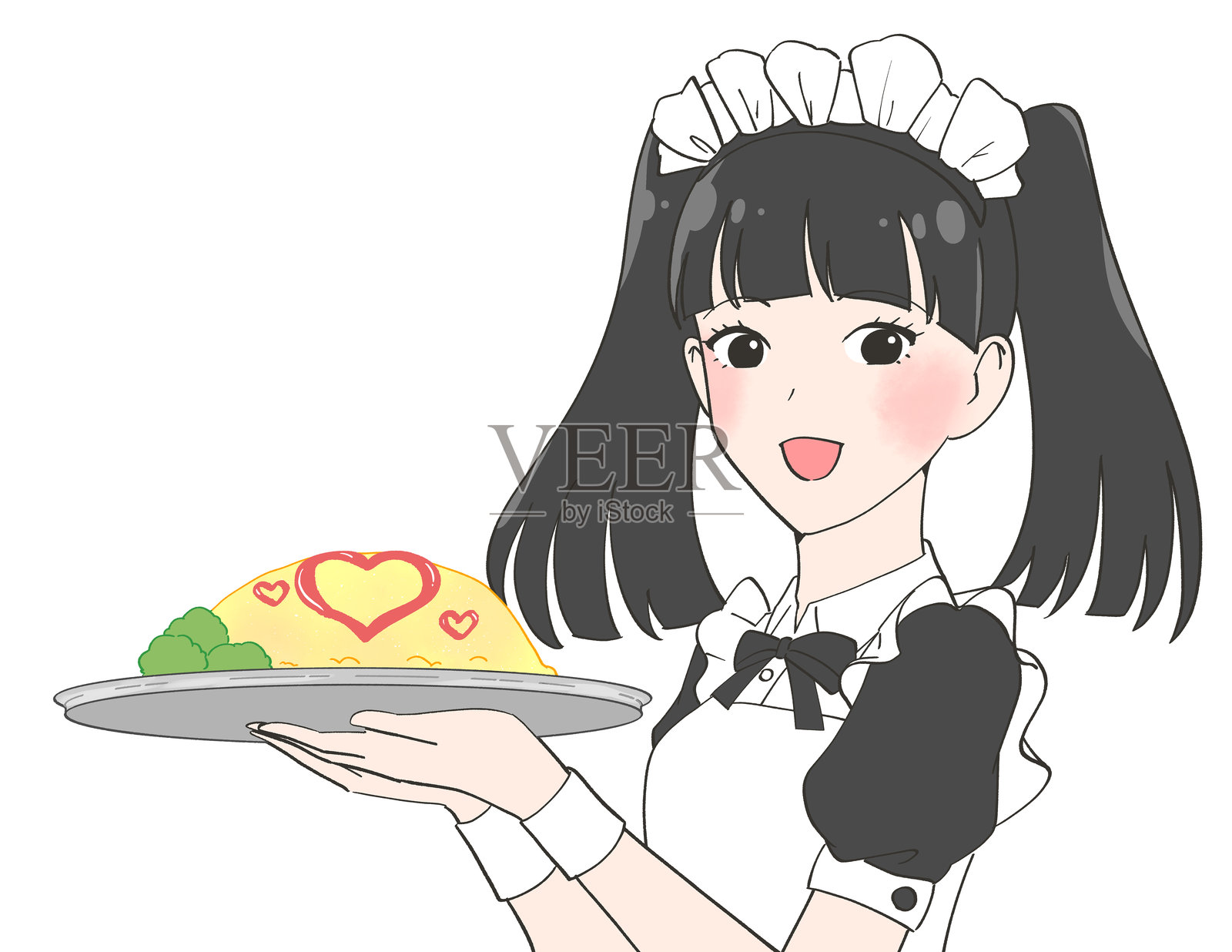 女仆咖啡厅的服务员递上蛋包饭的插画插画图片素材