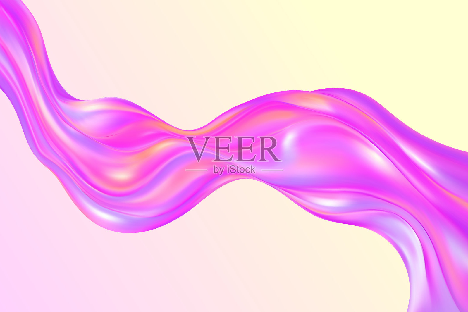 粉彩色背景上的玻璃波浪3D抽象液体丝带。全息彩色流体虹彩曲线创造出现代全息形状。明亮的金属、银色、塑料质感在运动中，Y2K风格艺术设计。插画图片素材