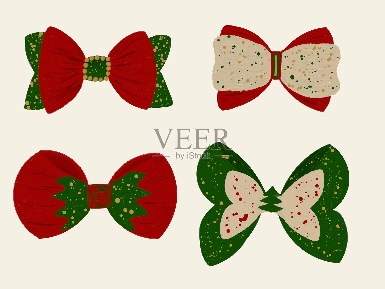 圣诞节节日蝴蝶结，有红色、绿色和奶油色，并带有装饰元素插画图片素材