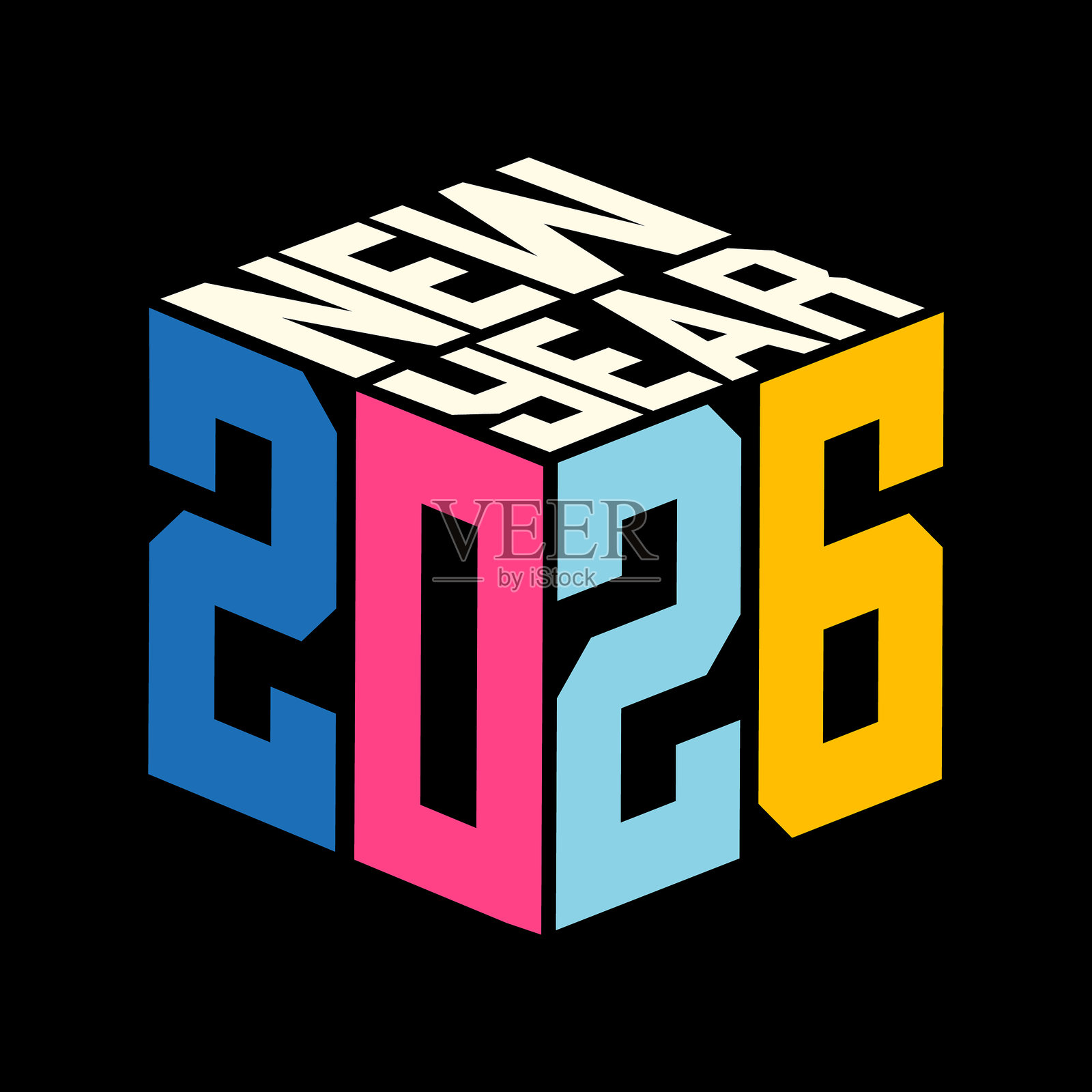 2026新年3D字体标志，孤立在黑色背景上。2026现代多彩字体矢量图。新年贺卡、贴纸、模板横幅、海报。插画图片素材