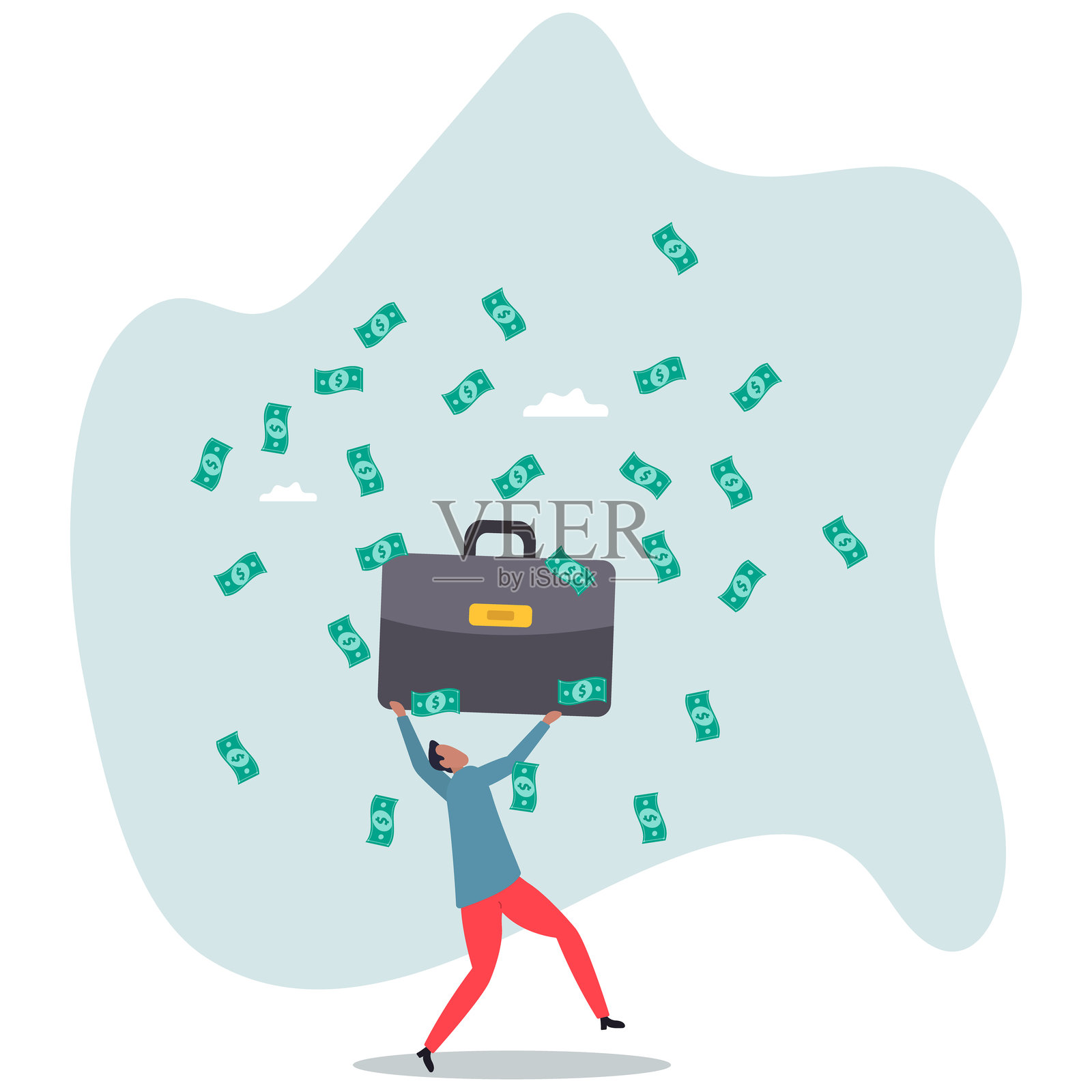 成功的商人实现财务自由，快乐的百万富翁拥有大量金钱和财富，关于一个男人和他的生活。插画图片素材