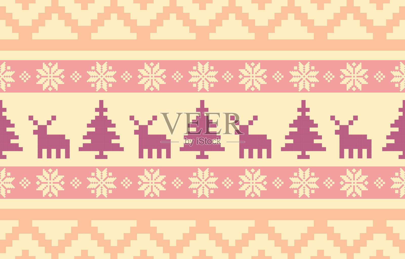 像素化的冬季图案，有驯鹿、圣诞树和雪花，节日氛围浓厚插画图片素材