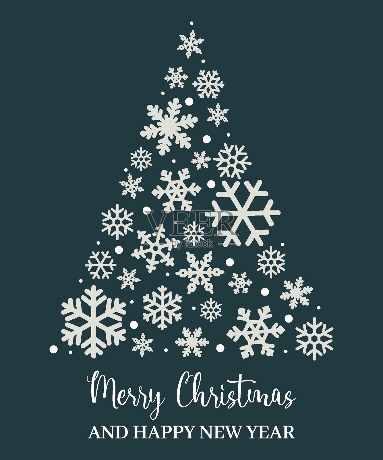 圣诞贺卡，圣诞树形状的白色雪花，深色背景，节日快乐插画图片素材
