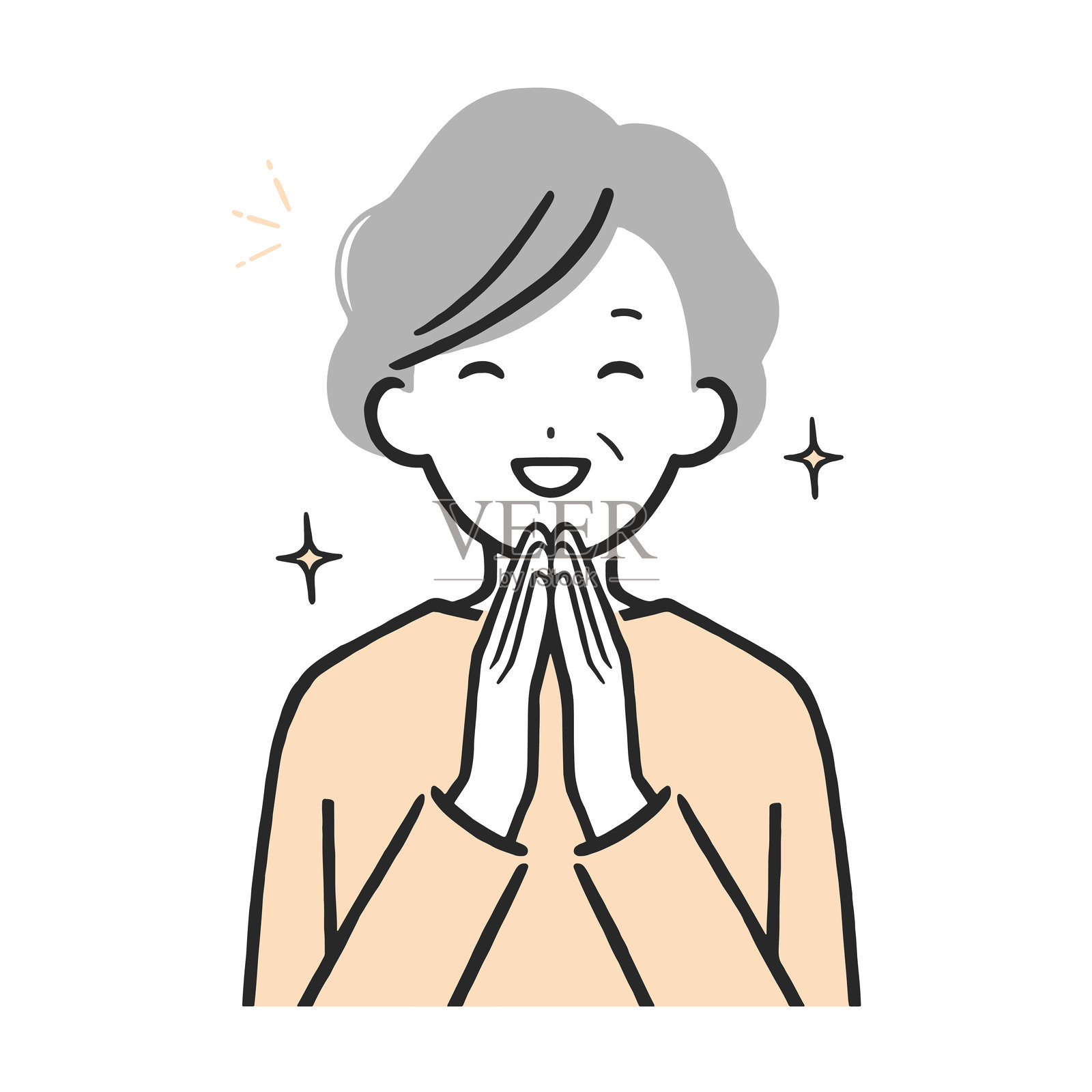 面带微笑、双手合十的老年女性，表达开心和释然的插画插画图片素材