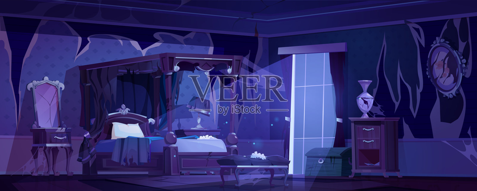 废弃的卧室夜景室内插画图片素材