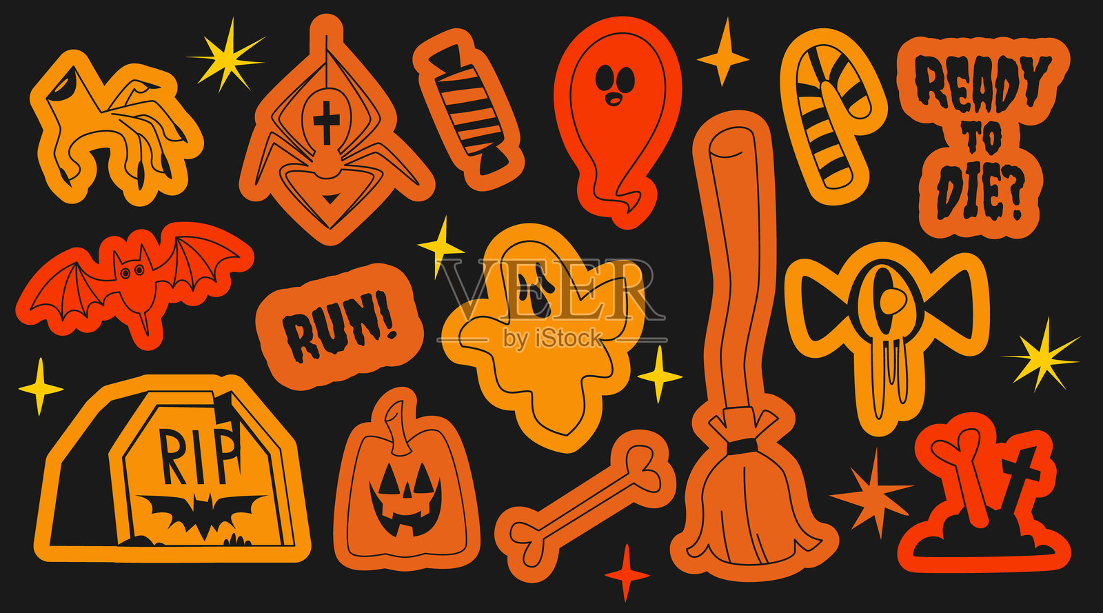 万圣节贴纸套装，橙色设计插画图片素材