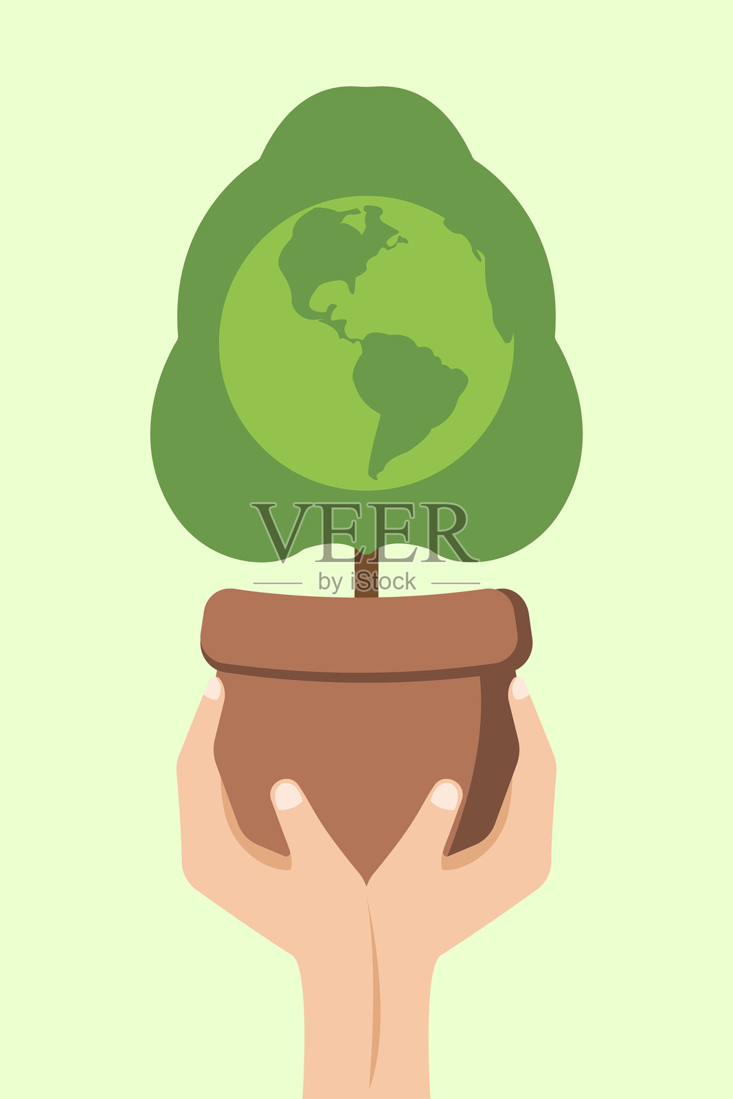 双手捧着盆栽树，象征着环境保护的地球插画图片素材